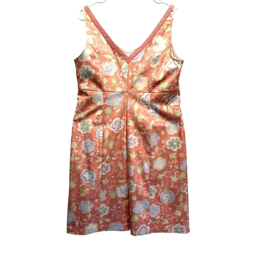Sigrid Olsen Floral V-Neck Mini Dress Coral Pink Lace Trim Sleeveless Athleisure